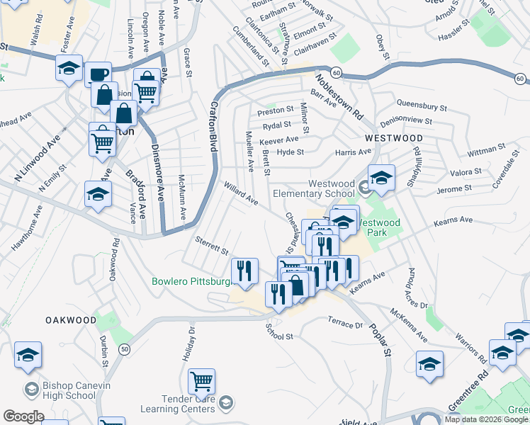 map of restaurants, bars, coffee shops, grocery stores, and more near 1467 Willoughby Street in Pittsburgh