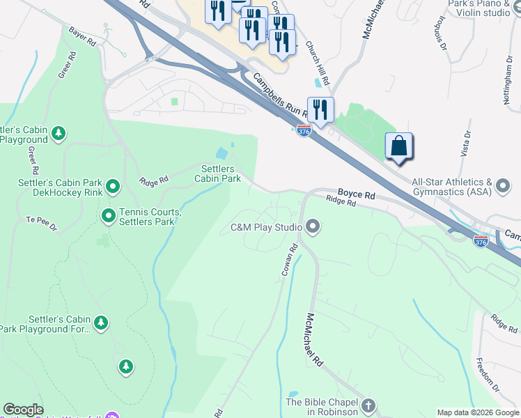 map of restaurants, bars, coffee shops, grocery stores, and more near 1067 Colony Drive in Pittsburgh