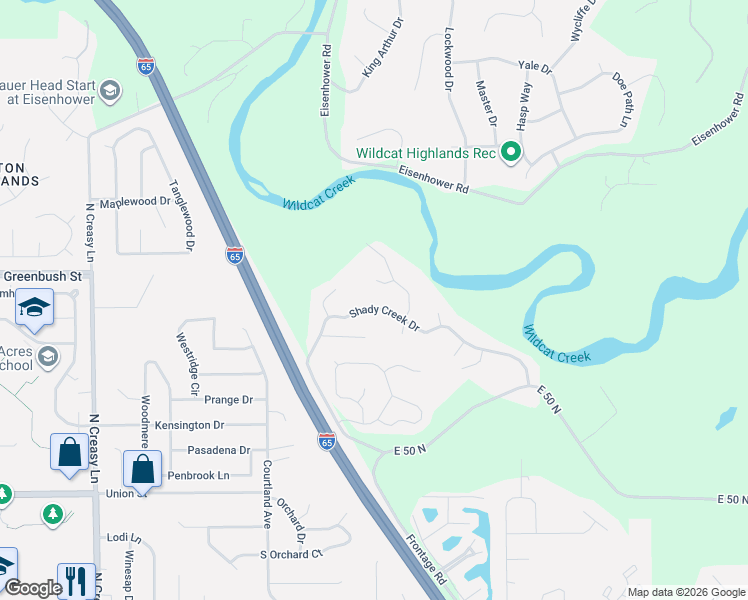 map of restaurants, bars, coffee shops, grocery stores, and more near 716 Shady Creek Drive in Lafayette