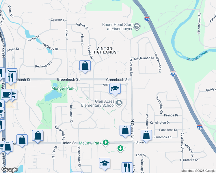 map of restaurants, bars, coffee shops, grocery stores, and more near 3740 Kimberly Dr in Lafayette