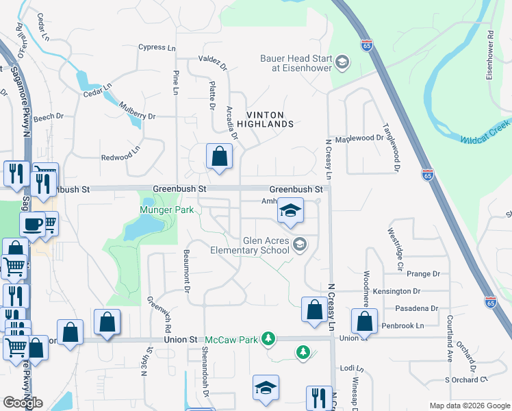 map of restaurants, bars, coffee shops, grocery stores, and more near 3712 Kimberly Drive in Lafayette