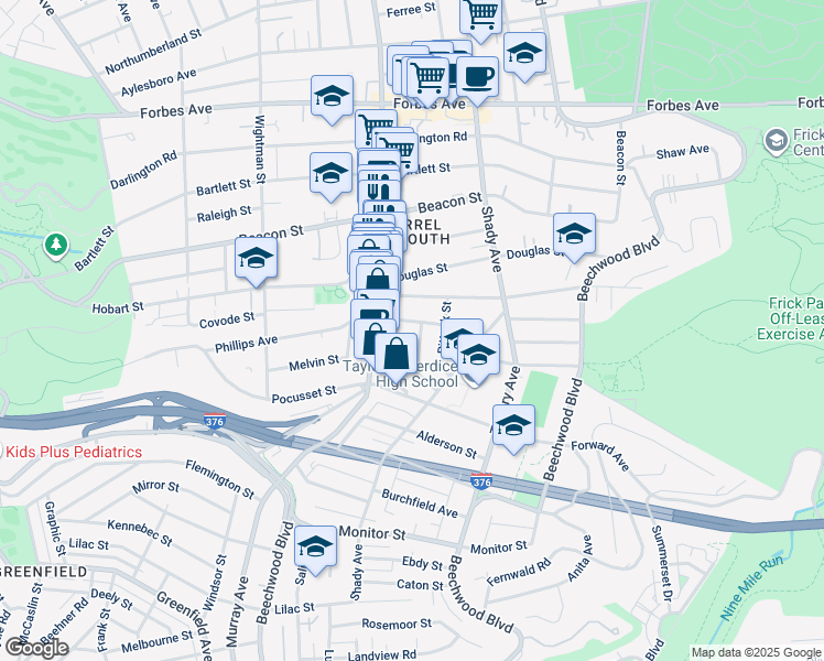 map of restaurants, bars, coffee shops, grocery stores, and more near 2310 Sherbrook Street in Pittsburgh