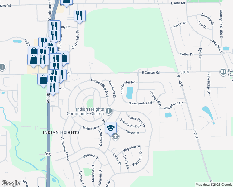 map of restaurants, bars, coffee shops, grocery stores, and more near 5118 Kickapoo Drive in Kokomo