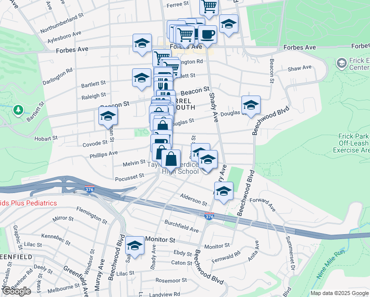 map of restaurants, bars, coffee shops, grocery stores, and more near 2310 Sherbrook Street in Pittsburgh
