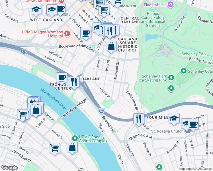map of restaurants, bars, coffee shops, grocery stores, and more near 3237 Dawson Street in Pittsburgh
