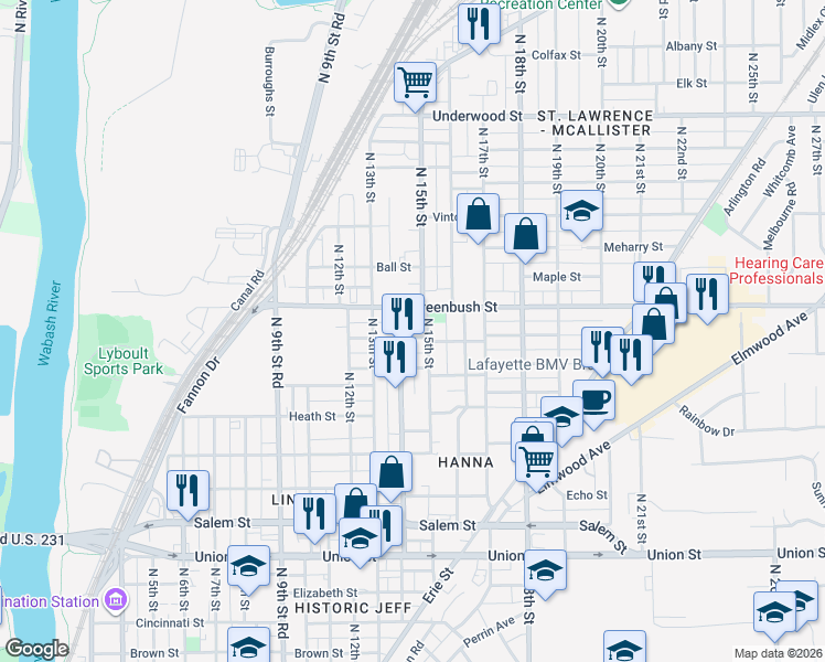 map of restaurants, bars, coffee shops, grocery stores, and more near 1328 North 15th Street in Lafayette