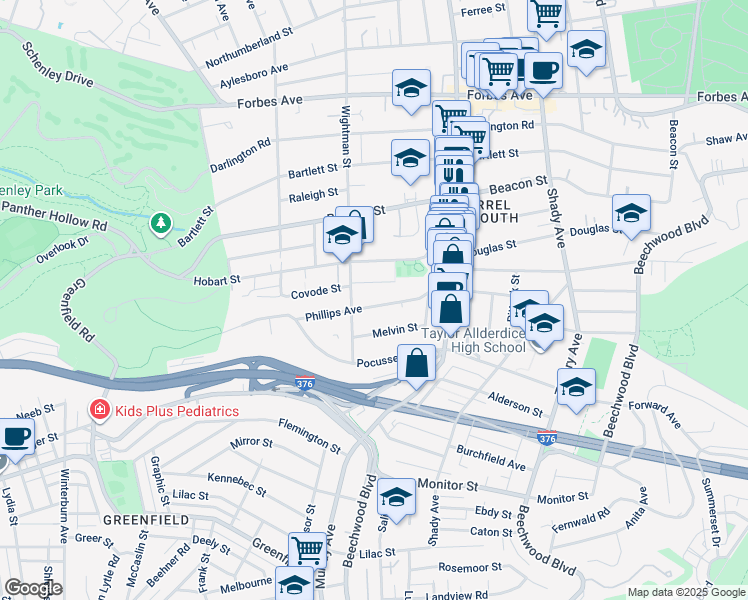 map of restaurants, bars, coffee shops, grocery stores, and more near 5623 Phillips Avenue in Pittsburgh