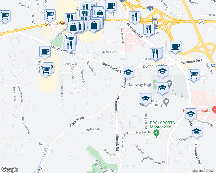 map of restaurants, bars, coffee shops, grocery stores, and more near 1206 Cliffview Drive in Monroeville