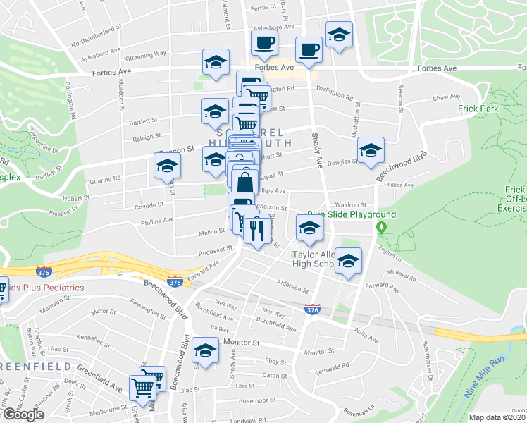 map of restaurants, bars, coffee shops, grocery stores, and more near 2307 Eldridge Street in Pittsburgh