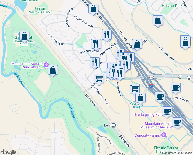 map of restaurants, bars, coffee shops, grocery stores, and more near 3160 Club House Drive in Lehi