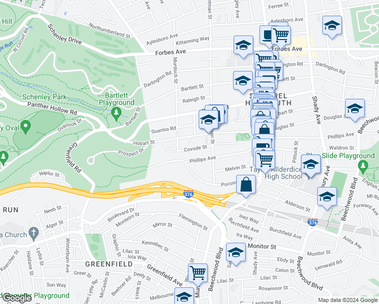 map of restaurants, bars, coffee shops, grocery stores, and more near 5524 Covode Street in Pittsburgh