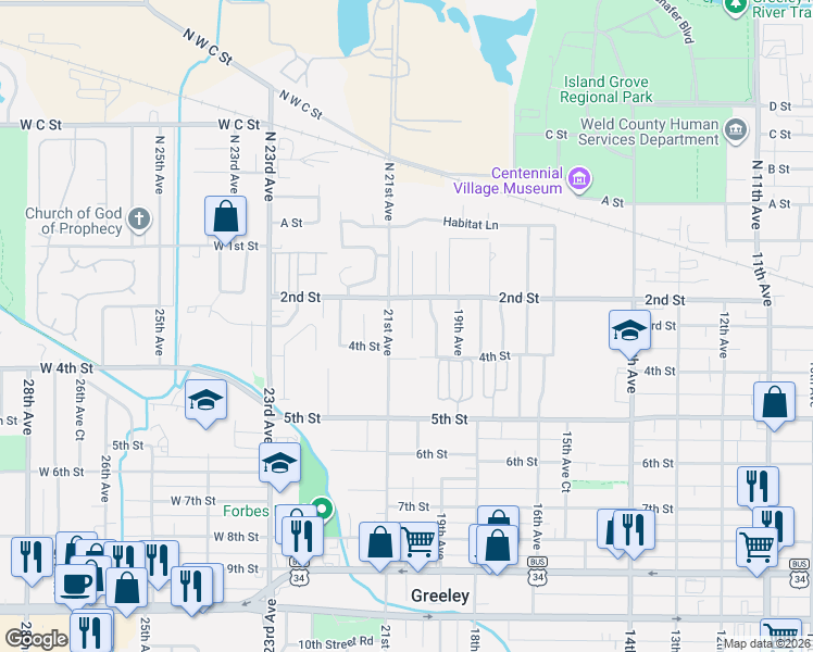 map of restaurants, bars, coffee shops, grocery stores, and more near 307 20th Avenue Court in Greeley