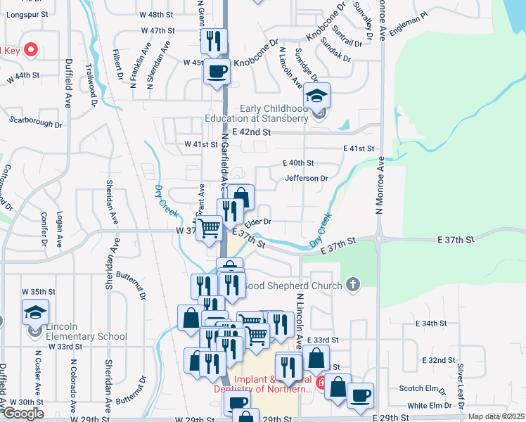 map of restaurants, bars, coffee shops, grocery stores, and more near 281 Elder Drive in Loveland