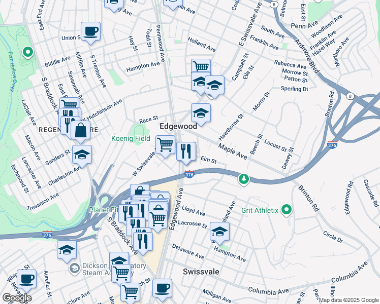 map of restaurants, bars, coffee shops, grocery stores, and more near 211 Edgewood Avenue in Pittsburgh