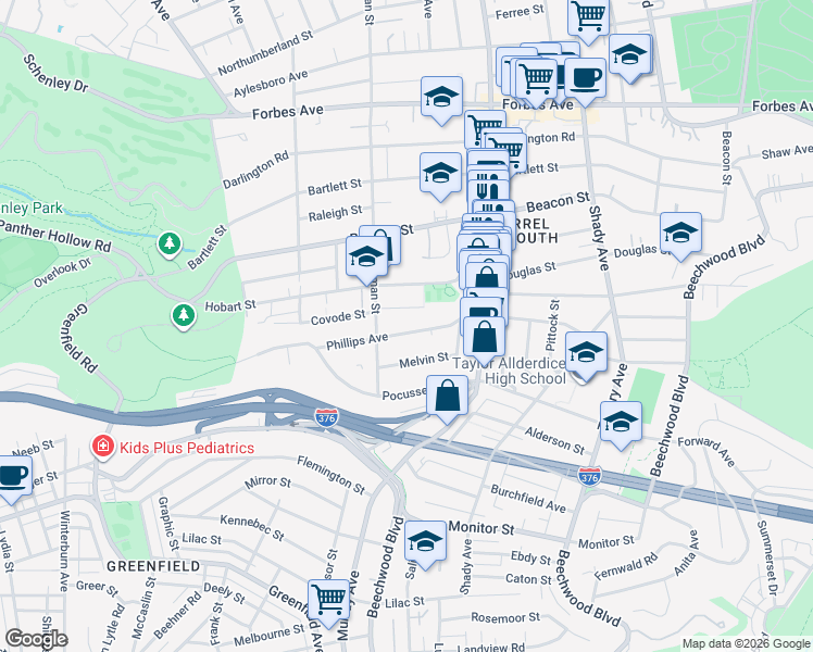map of restaurants, bars, coffee shops, grocery stores, and more near 5640 Phillips Avenue in Pittsburgh