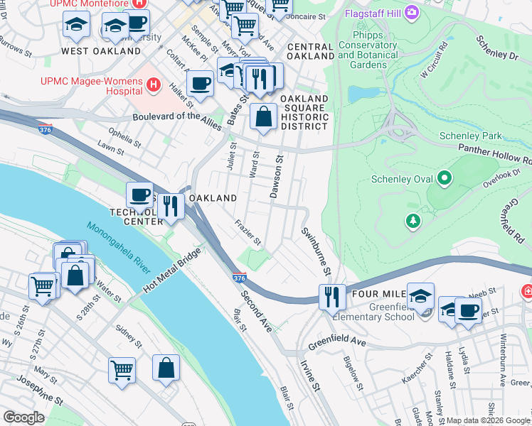 map of restaurants, bars, coffee shops, grocery stores, and more near 3237 Dawson Street in Pittsburgh