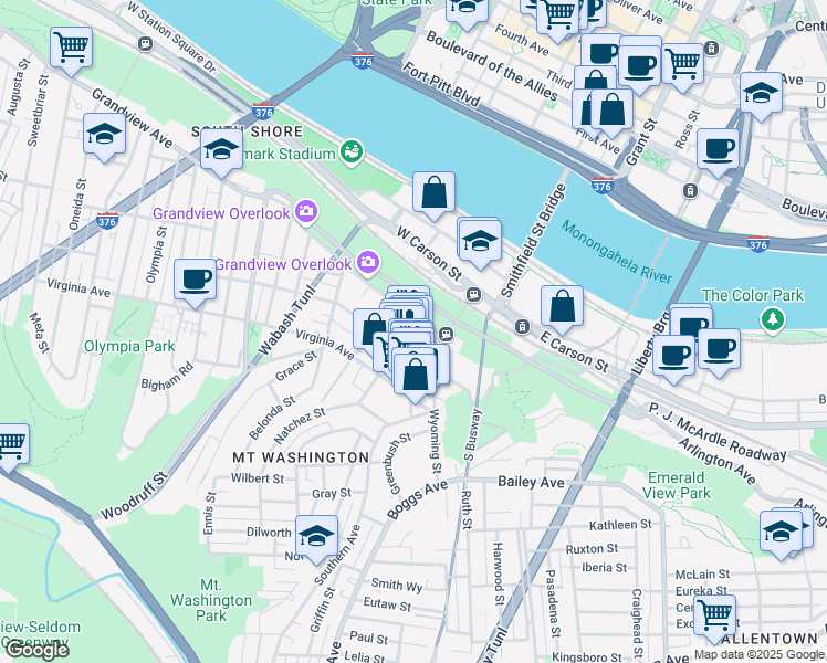 map of restaurants, bars, coffee shops, grocery stores, and more near 123 Shiloh Street in Pittsburgh