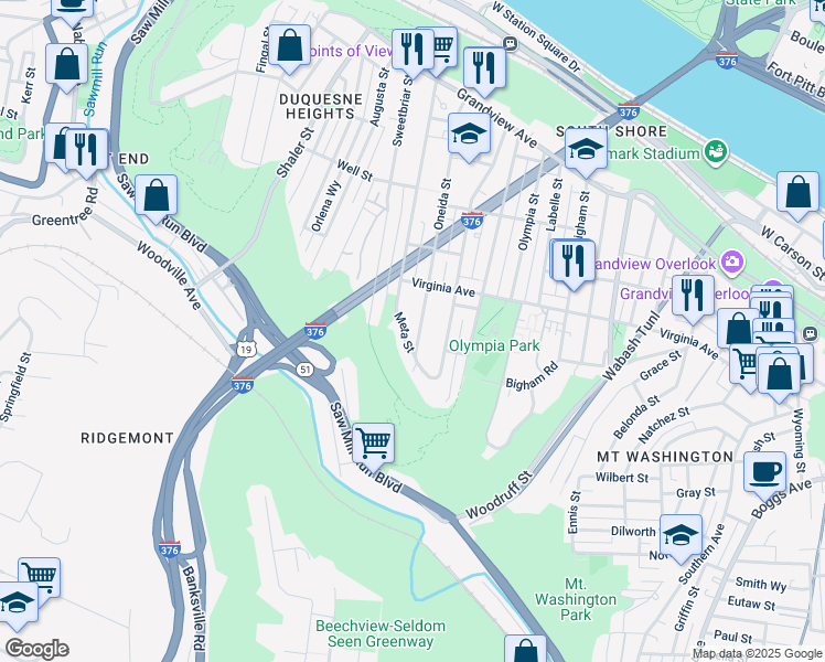 map of restaurants, bars, coffee shops, grocery stores, and more near 5 Meta Street in Pittsburgh