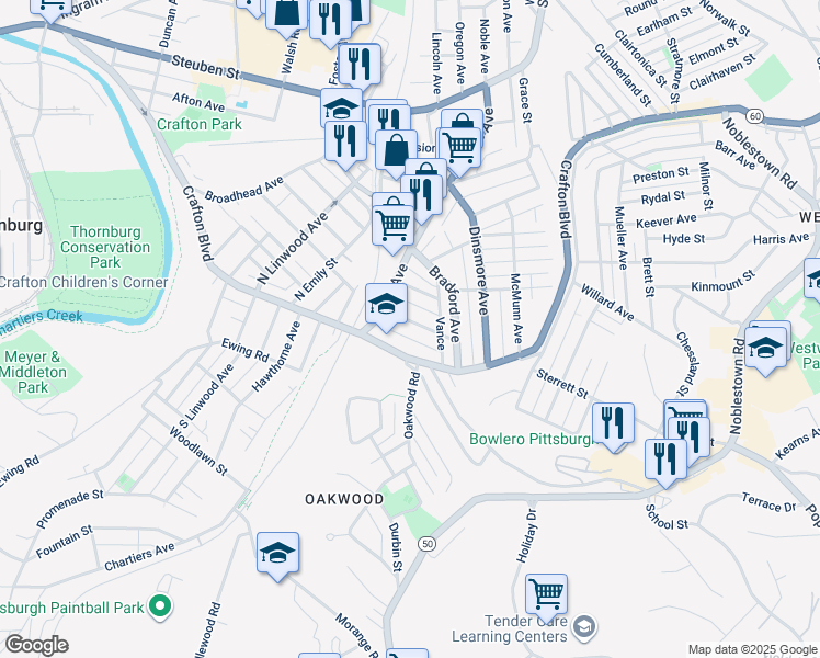 map of restaurants, bars, coffee shops, grocery stores, and more near 1874 Crafton Boulevard in Crafton