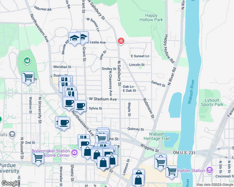 map of restaurants, bars, coffee shops, grocery stores, and more near in West Lafayette