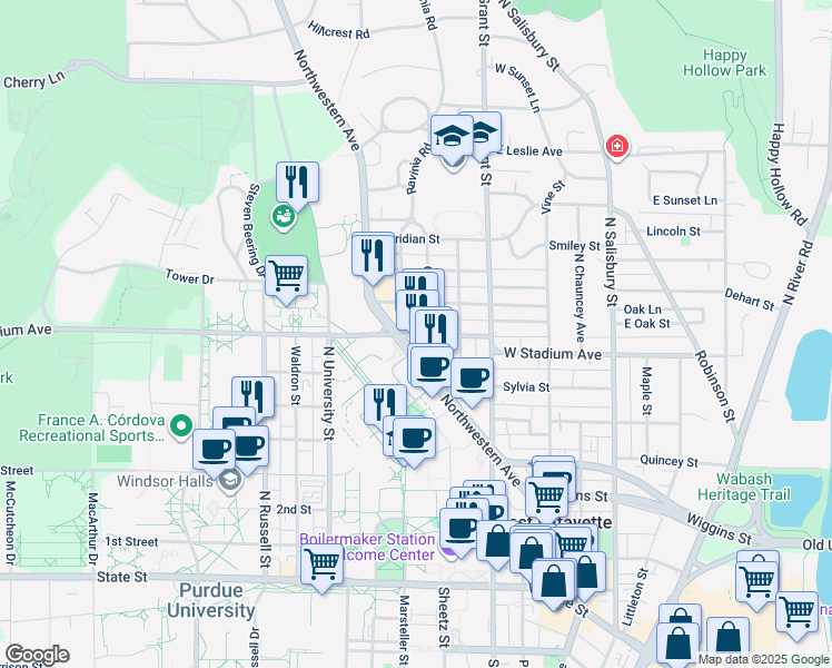 map of restaurants, bars, coffee shops, grocery stores, and more near 605 West Stadium Avenue in West Lafayette
