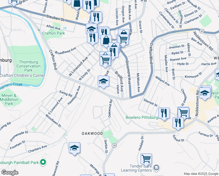 map of restaurants, bars, coffee shops, grocery stores, and more near 1874 Crafton Boulevard in Crafton