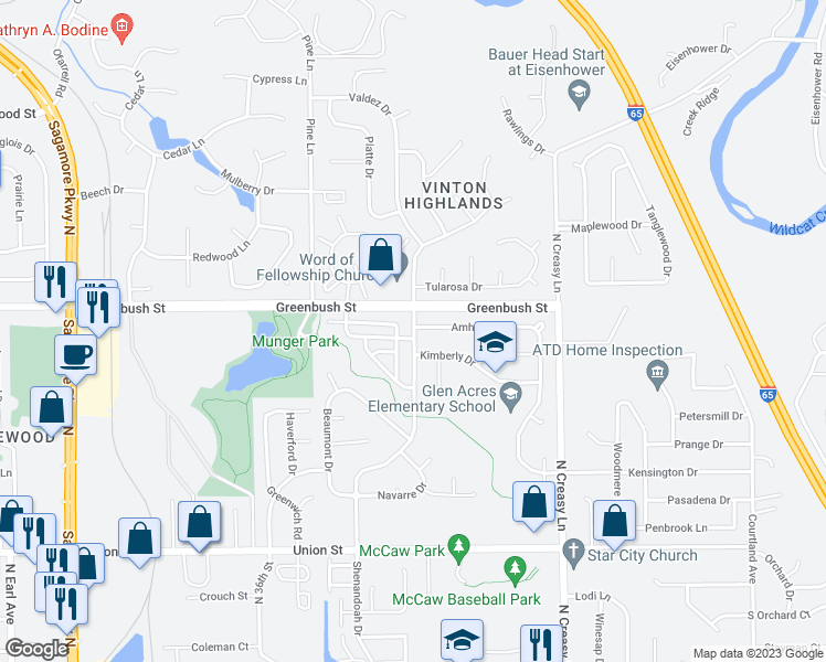 map of restaurants, bars, coffee shops, grocery stores, and more near 1210 Shenandoah Drive in Lafayette