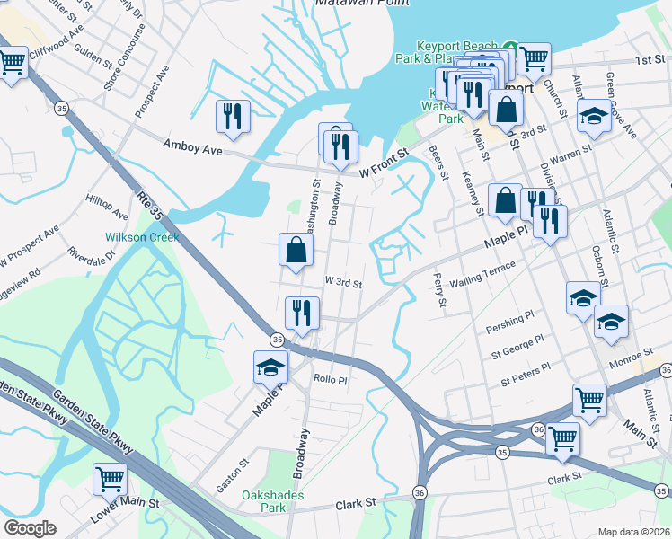 map of restaurants, bars, coffee shops, grocery stores, and more near 82 West 3rd Street in Keyport