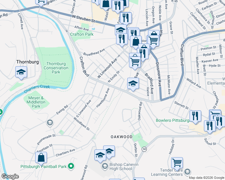 map of restaurants, bars, coffee shops, grocery stores, and more near 10 Emerson Avenue in Pittsburgh