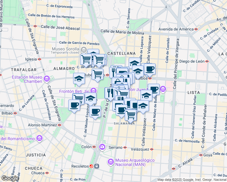 map of restaurants, bars, coffee shops, grocery stores, and more near 28 Paseo de la Castellana in Madrid