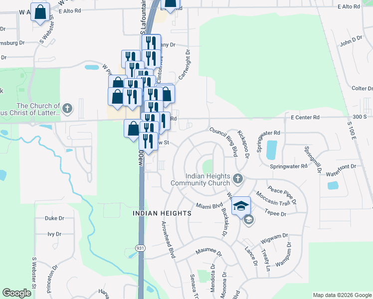 map of restaurants, bars, coffee shops, grocery stores, and more near 5103 Algonquin Trail in Kokomo