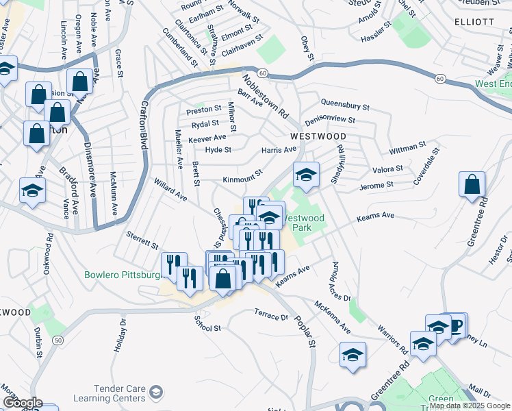 map of restaurants, bars, coffee shops, grocery stores, and more near 2121 Noblestown Road in Pittsburgh