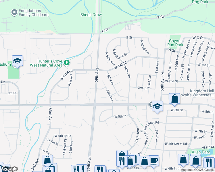 map of restaurants, bars, coffee shops, grocery stores, and more near 210 57th Avenue in Greeley