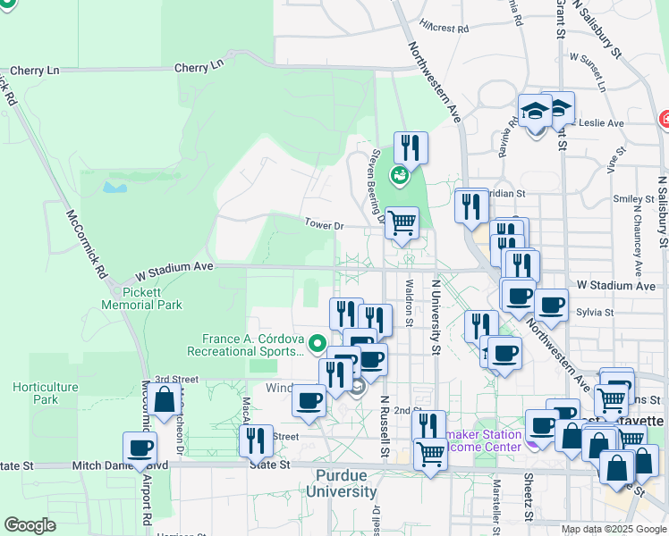 map of restaurants, bars, coffee shops, grocery stores, and more near West Stadium Avenue in West Lafayette