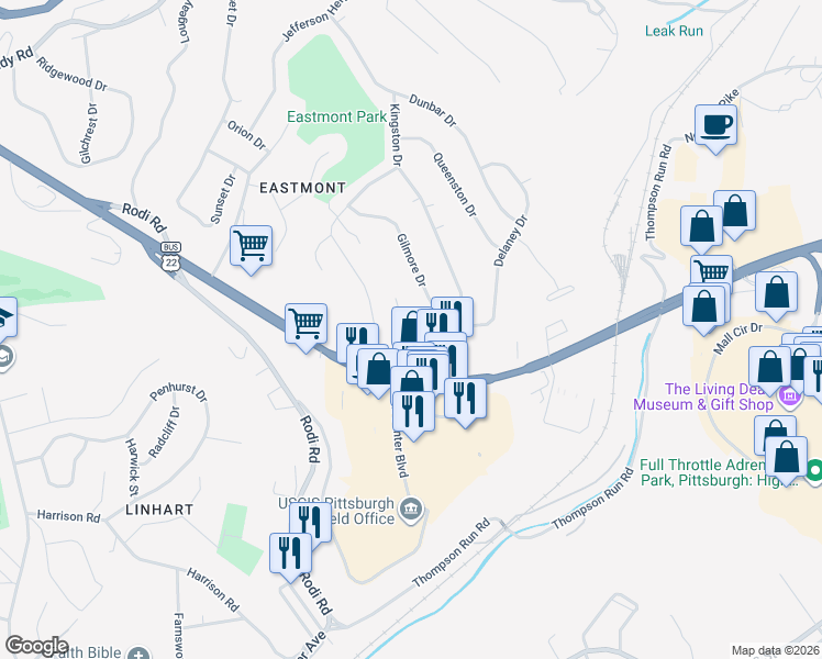 map of restaurants, bars, coffee shops, grocery stores, and more near 3455 William Penn Highway in Pittsburgh