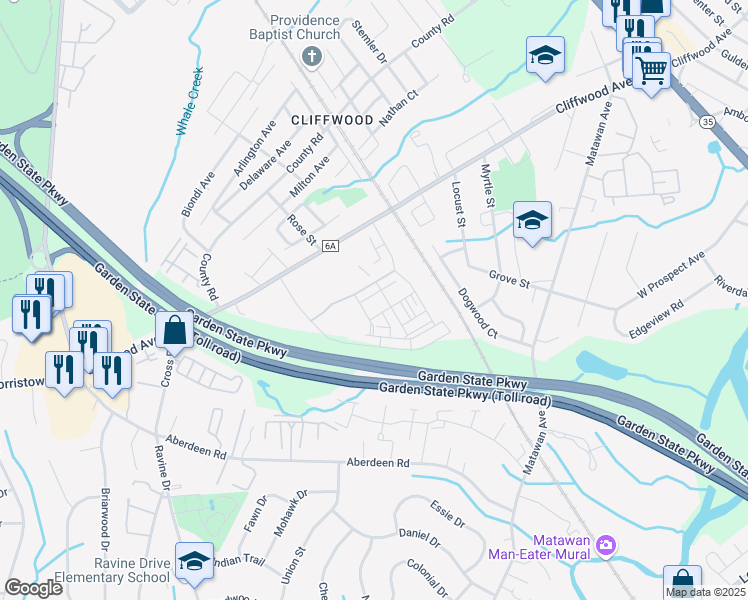 map of restaurants, bars, coffee shops, grocery stores, and more near 199 Cliffwood Avenue West in Monmouth County