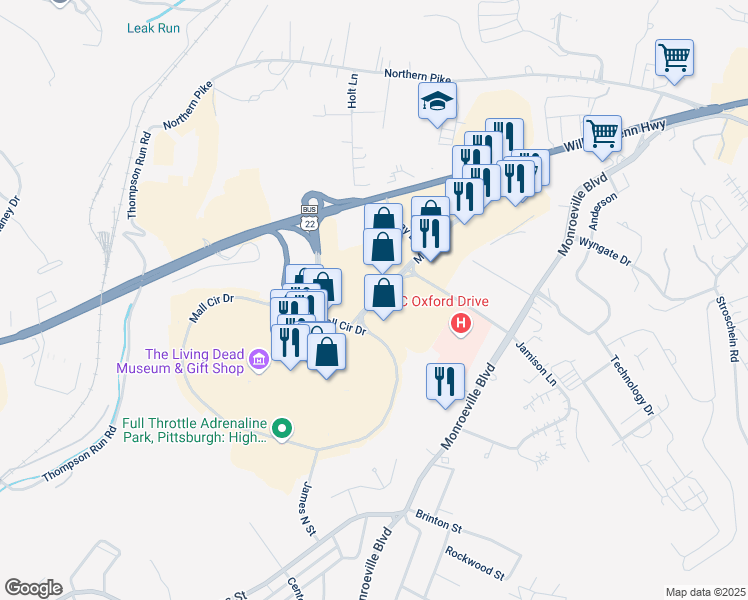map of restaurants, bars, coffee shops, grocery stores, and more near 105 Mall Boulevard in Monroeville