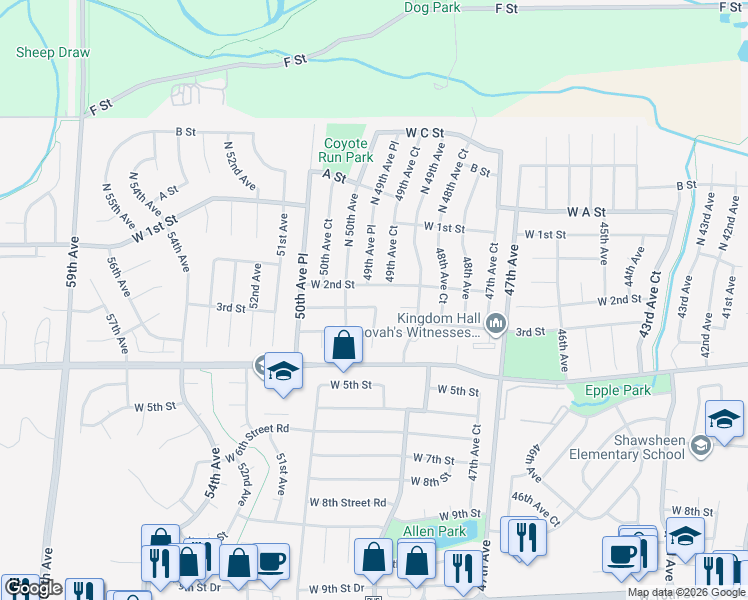 map of restaurants, bars, coffee shops, grocery stores, and more near 4976 West 2nd Street Road in Greeley