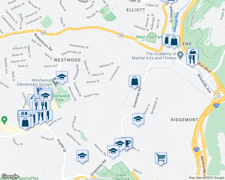 map of restaurants, bars, coffee shops, grocery stores, and more near 186 Oak Brook Cir in Pittsburgh