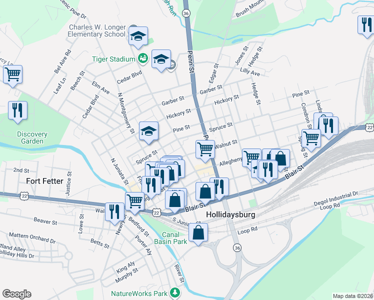map of restaurants, bars, coffee shops, grocery stores, and more near 418-498 Walnut Street in Hollidaysburg