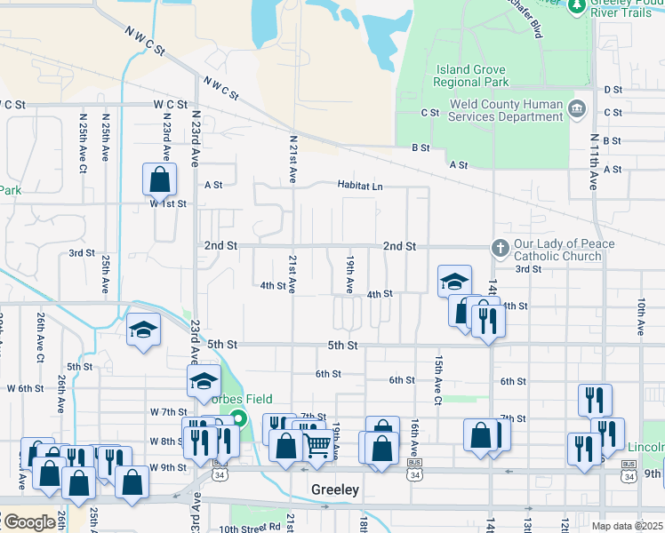 map of restaurants, bars, coffee shops, grocery stores, and more near 224 19th Avenue Court in Greeley