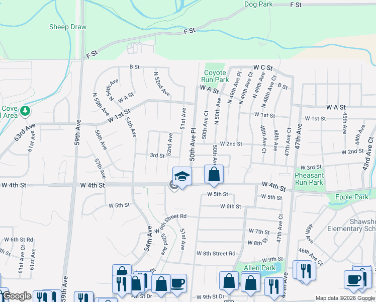map of restaurants, bars, coffee shops, grocery stores, and more near 285 50th Avenue Place in Greeley
