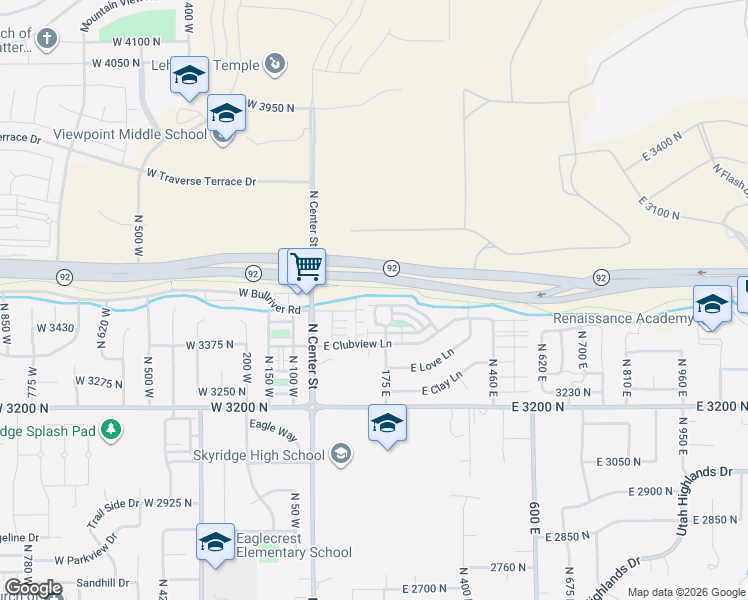 map of restaurants, bars, coffee shops, grocery stores, and more near 3453 North Ace Lane in Lehi