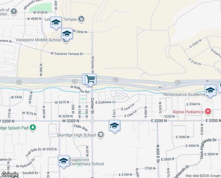 map of restaurants, bars, coffee shops, grocery stores, and more near 3453 North Ace Lane in Lehi