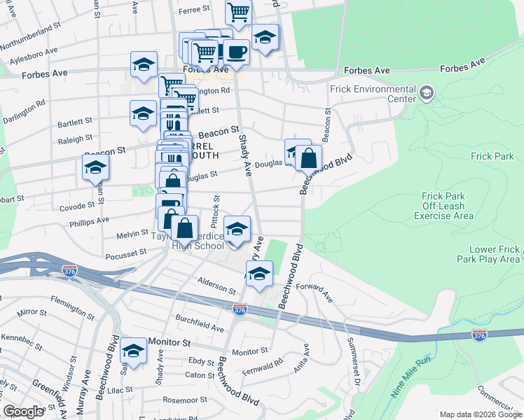map of restaurants, bars, coffee shops, grocery stores, and more near 6321 Crombie Street in Pittsburgh