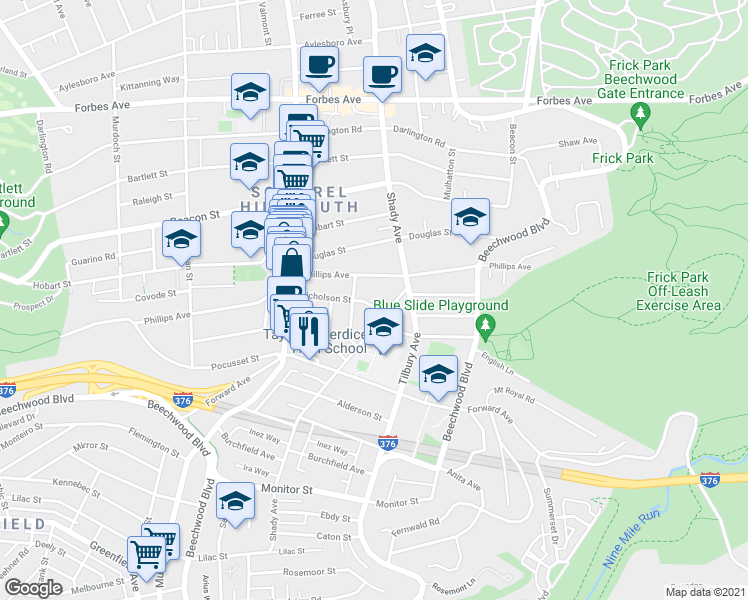 map of restaurants, bars, coffee shops, grocery stores, and more near 5918 Nicholson Street in Pittsburgh