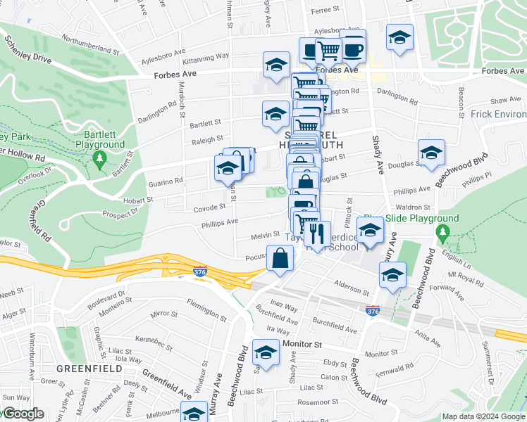 map of restaurants, bars, coffee shops, grocery stores, and more near 5640 Phillips Avenue in Pittsburgh