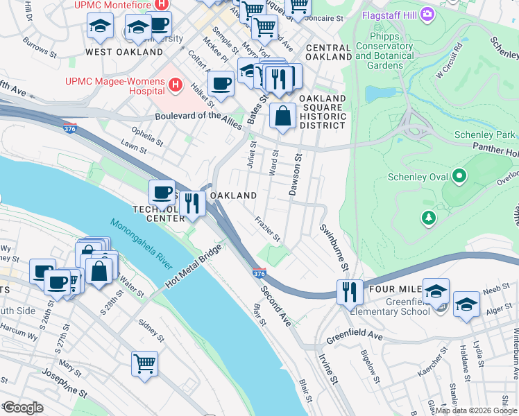map of restaurants, bars, coffee shops, grocery stores, and more near 3524 Frazier Street in Pittsburgh
