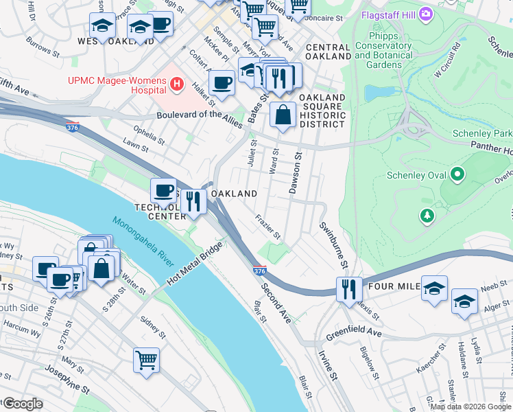 map of restaurants, bars, coffee shops, grocery stores, and more near 3524 Frazier Street in Pittsburgh