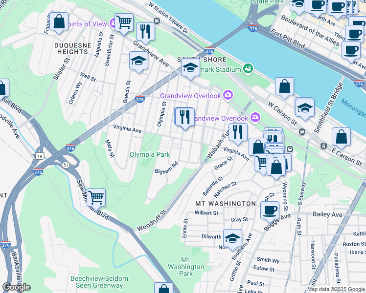 map of restaurants, bars, coffee shops, grocery stores, and more near 432 Bigham Street in Pittsburgh